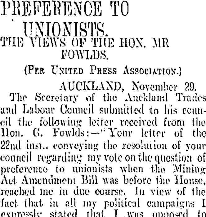 PREFERENCE TO UNIONISTS. (Otago Daily Times 30-11-1906)