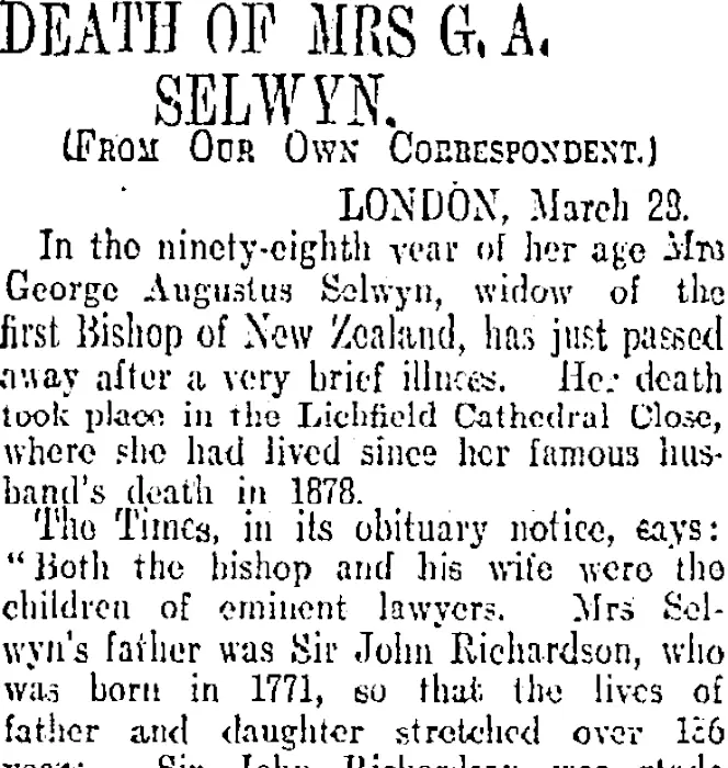 DEATH OF MRS G.A. SELWYN. (Otago Daily Times 9-5-1907)
