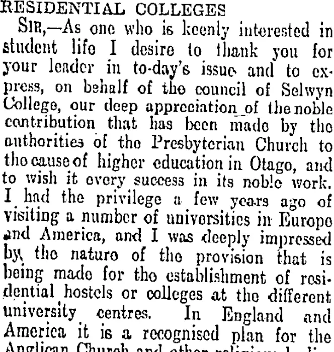 RESIDENTIAL COLLEGES. (Otago Daily Times 10-4-1908)