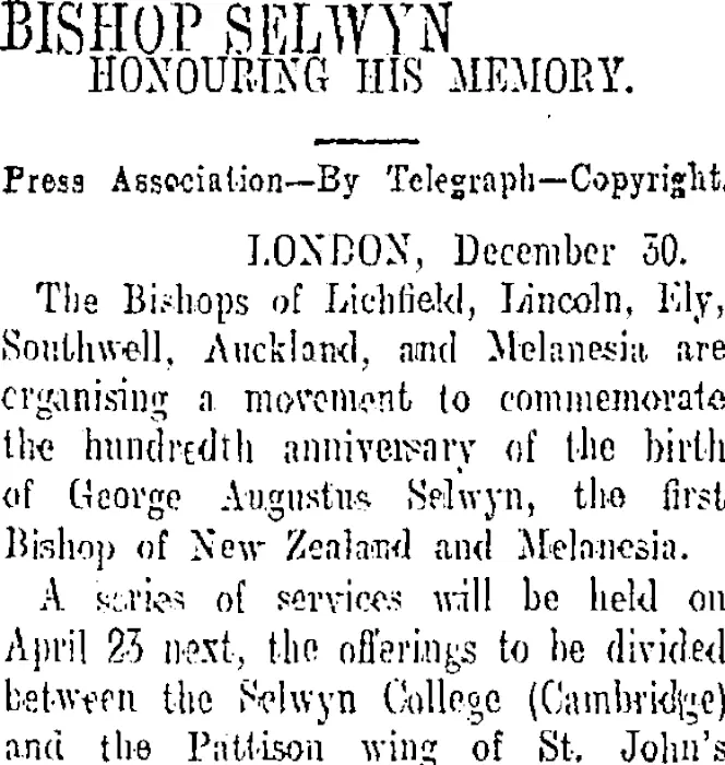 BISHOP SELWYN (Otago Daily Times 2-1-1909)