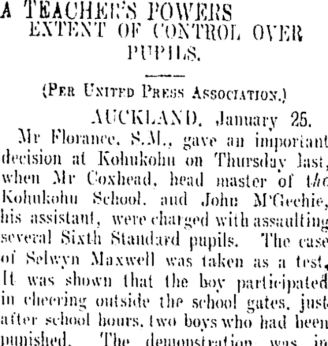 A TEACHER'S POWER. (Otago Daily Times 26-1-1909)