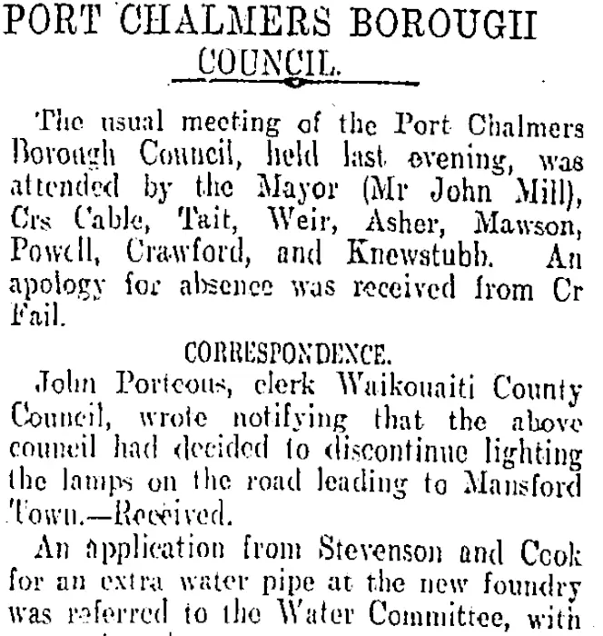 PORT CHALMERS BOROUGH COUNCIL. (Otago Daily Times 9-3-1909)