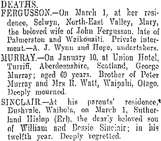 DEATHS. (Otago Daily Times 2-3-1909)