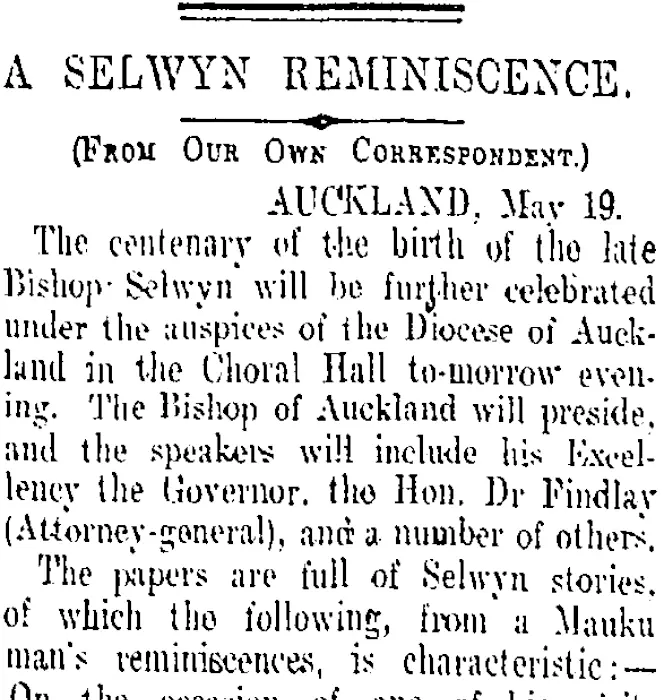A SELWYN REMINISCENCE. (Otago Daily Times 20-5-1909)