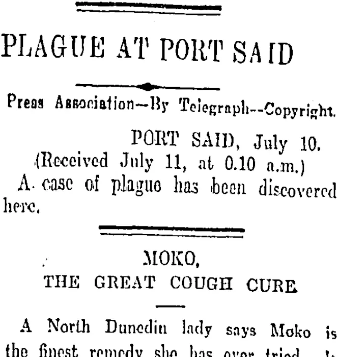 PLAGUE AT PORT SAID (Otago Daily Times 11-7-1911)