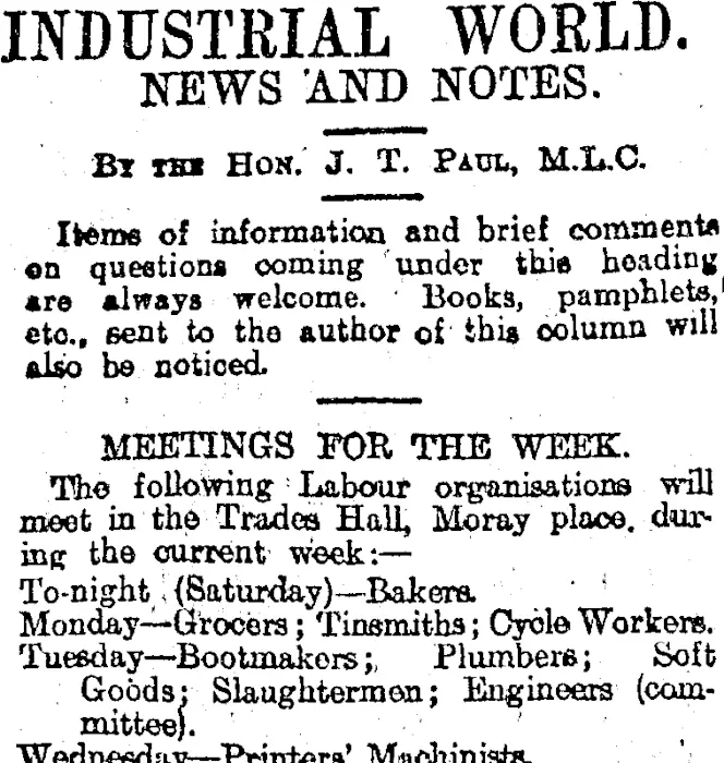 INDUSTRIAL WORLD. (Otago Daily Times 13-6-1914)