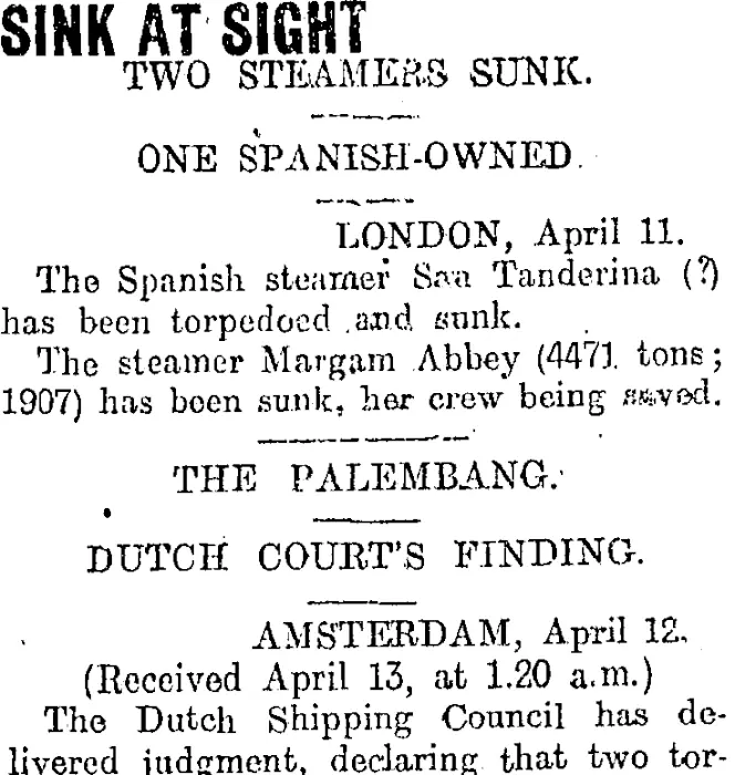 SINK AT SIGHT (Otago Daily Times 13-4-1916)
