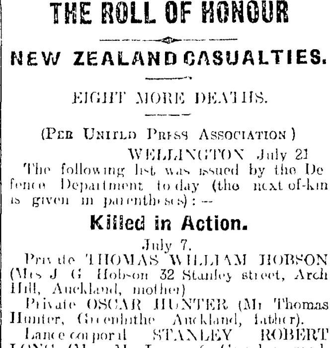 THE ROLL OF HONOUR (Otago Daily Times 22-7-1916)