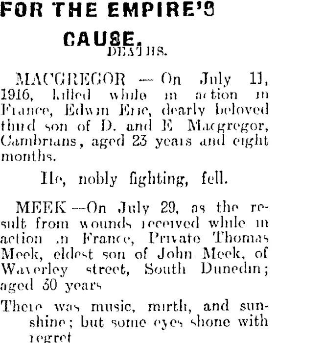 FOR THE EMPIRE'S CAUSE. (Otago Daily Times 7-8-1916)