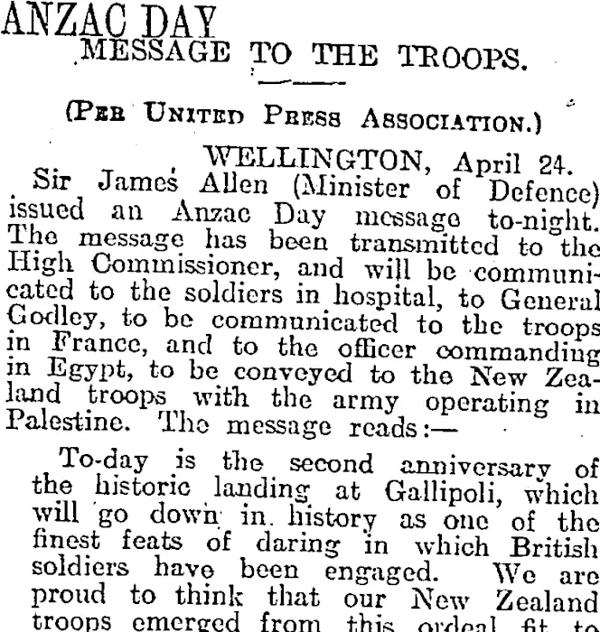 ANZAC DAY (Otago Daily Times 25-4-1917)