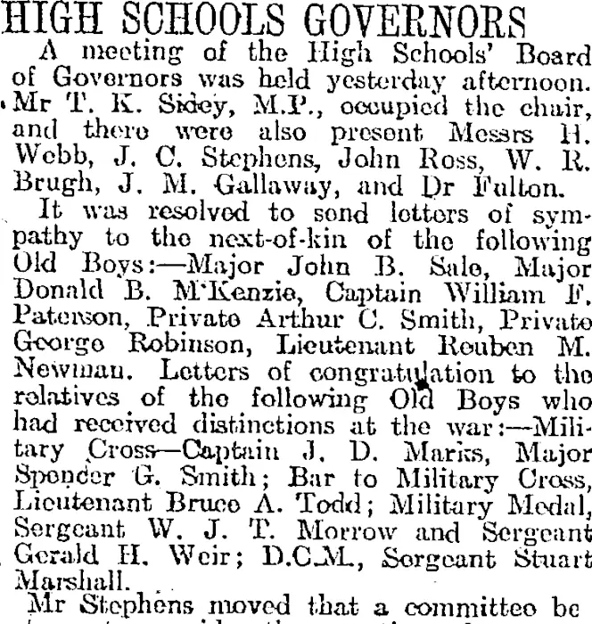 HIGH SCHOOLS GOVERNORS (Otago Daily Times 17-12-1918)