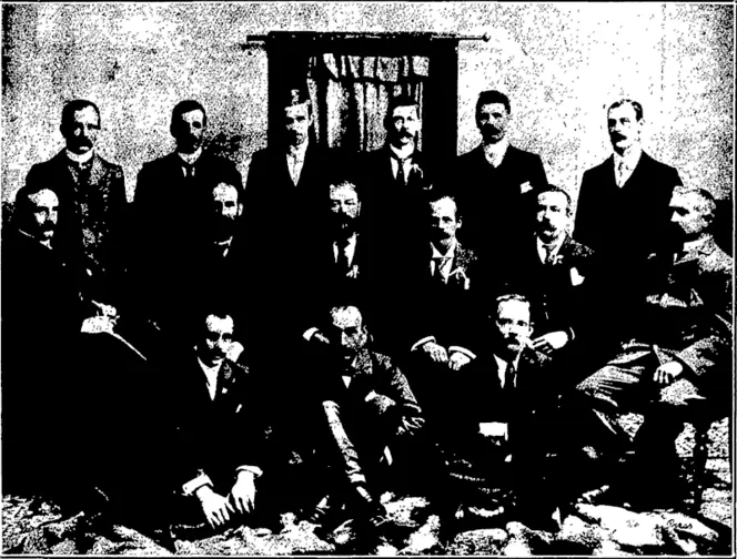 BACK ROW—C. W. Harden. F. Foote, F. Holland, R. W. Goodger F. Woods J. W. Skelley MIDDLE ROW—C. H. Warden, G. W. Holland (vice-president), A. Turner (president), J. H. Hayhow (hon. secretary), W. Randell D. Pringle FRONT ROW—R. W. Beadnail, H. Mowleni. W. Parkes. (Otago Witness, 02 September 1903)