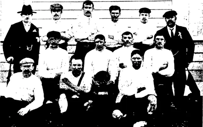 BACK ROW—E. Hammond. W. McNeil, W. Jardine. G. Cousin, J. Jobey. R. Styles. SECOND ROW—J. Wallace, J. McKenzie (captain), D. MoKenzie, J. Lewis. FRONT ROW—T. Jobey, R. Harding, A. Dempster. (Otago Witness, 02 September 1903)