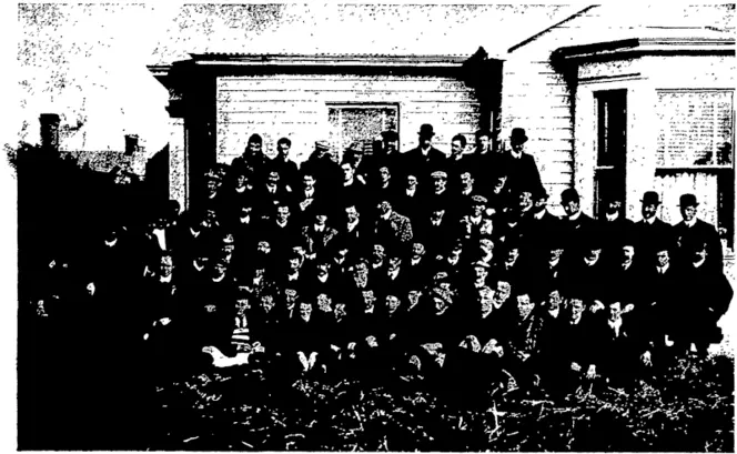 GROUP OF OTAGO AND SOUTHLAND COMMERCIAL TRAVELLERS.  This photo, "was taken at Balclutha previous to playing the annual football match, en  Saturday, August 1. (Otago Witness, 12 August 1908)