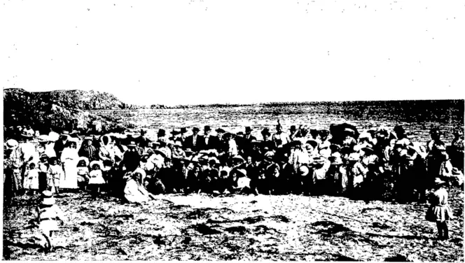 SOUTHLAND EARLY SETTLERS' PICNIC: GROU^ OF HOLIDAYMAKERS AT THE SEASIDE, OCEAN BEACH, BLUFF. (Otago Witness, 19 February 1908)