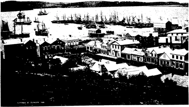 RATTRAY STREET. DUNEDIN, 1862, AFTER THE DISCOVERT OF GOLD AT GABRIEL'S GULLY. (Otago Witness, 18 March 1908)