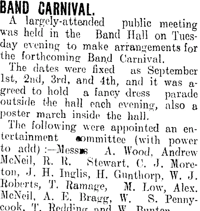 BAND CARNIVAL (Clutha Leader 2-7-1909)