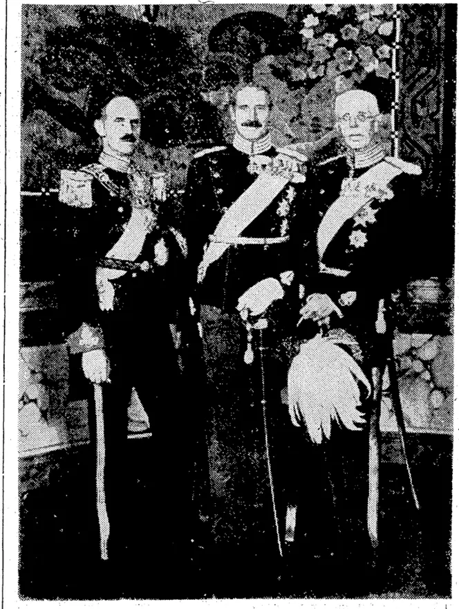 Sport and .General" Photo. The three tall; kings of – Scandinavia. From '\ the ' left, King Haakon of Norway, King Christian of Wenmark; and King Gustav of Sweden. (Evening Post, 15 April 1940)