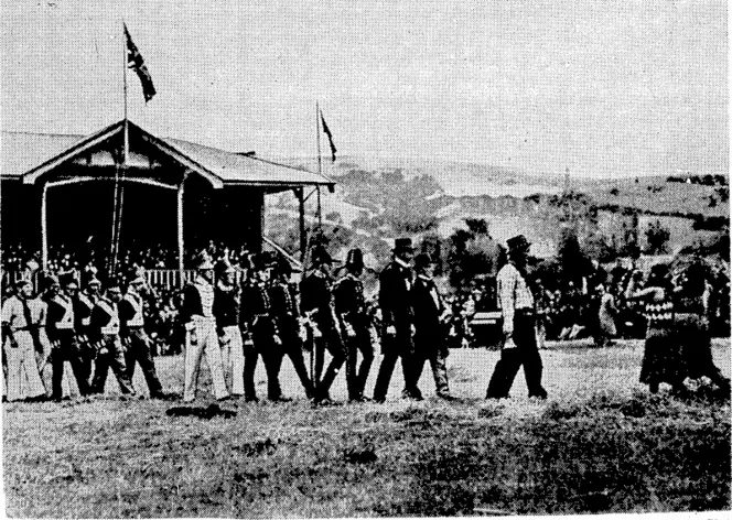 Green and Hahn Photo. Scenes at the Akaroa Centenary celebrations. Left, above, the landing of the settlers re-enacted. Right, the officers of H.M.S. Britomart arriving. (Evening Post, 22 April 1940)