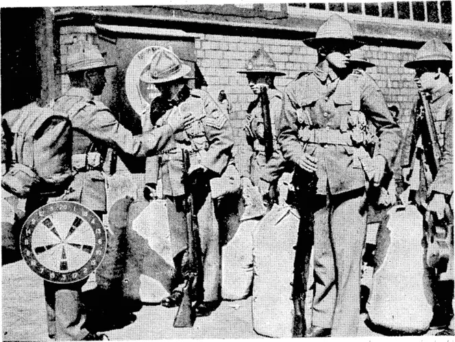 Sport and General Photo. Company Sergeant-Major Tahuriotangi, of the Maori Contingent of the Second Echelon, took his own darts board to England, and had it attached to his belt when the New, Zealand troops landed at an English port recently. . . (Evening Post, 05 August 1940)