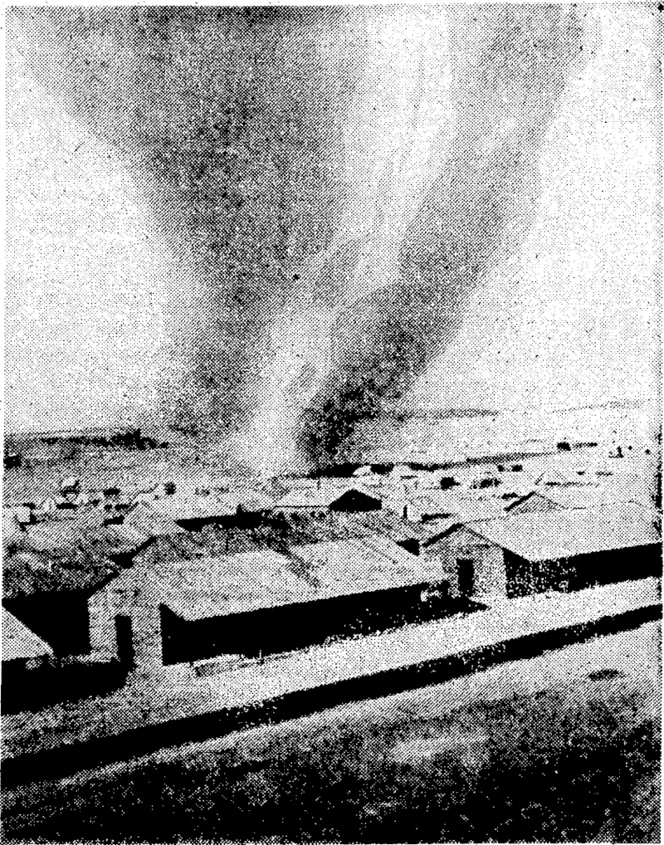 Even on what seem the most perfect of days the wind plays strange tricks in the N.Z.E.F: camp in Egypt. It is far from unusual to see a huge column of dust, like this one, spinning across the sand, and sometimes the whirlwind, leaves a flattened tent behind.it. (Evening Post, 15 August 1940)