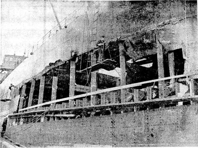 The bows of the British motor-ship Armadale, the repairs to which are now well on the road to completion. The Armadale collided with the Norwegian oil-tanker• Ole Jacob early last month and has been on the floating dock for some weeks undergoing repairs. The Armadale came off the dock this morning. (Evening Post, 28 September 1940)
