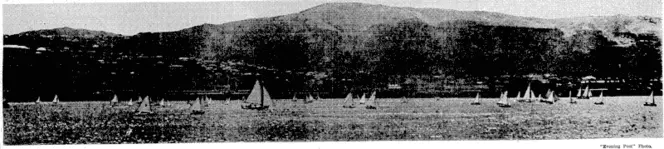 w, i' i • w /; » •/• „ *„„<> fhe hitrh littUtni Intt Mnndav's Anniversary Davßesatta and the concluding event of the day. More than forty yachts are seen taking part in the race, the * :"'-■.-■- •■••/--- ■ Auckland 18-footer% thirds (Evening Post, 27 January 1940)