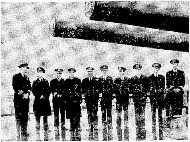 Admiral Sir Bruce Fraser (fifth from left) with some of the officers of H.M. ships which took part in the action resulting in the sinking of the Scharnhorst. (Evening Post, 08 March 1944)