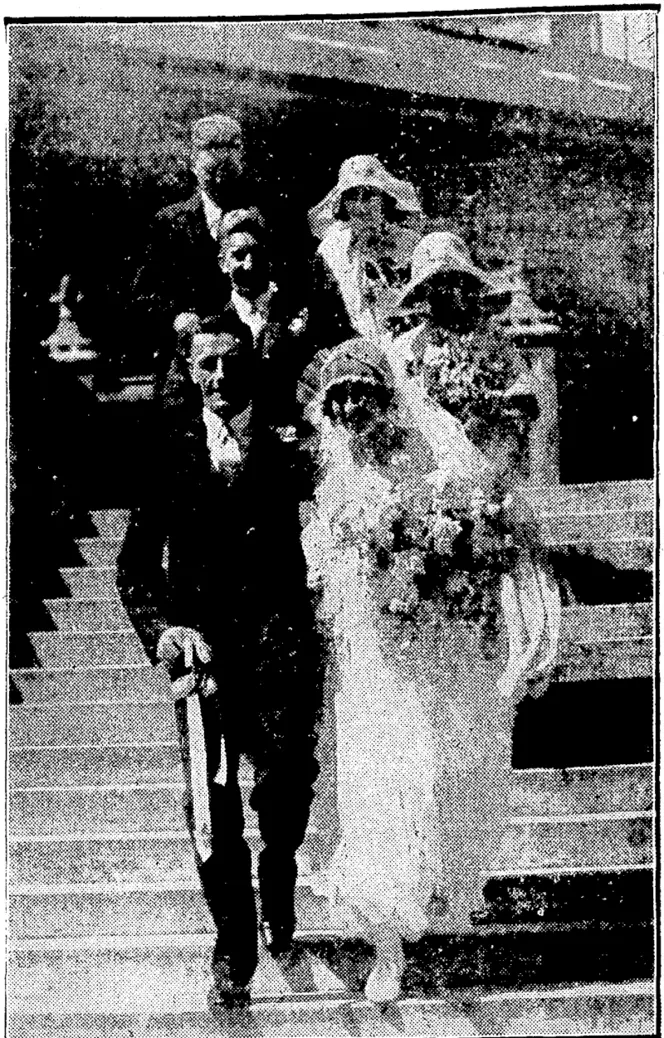 Evening Post" Photo. WELL-KNOWN RUGBY PLAYER MARRIED.—Mr. T.. Corkill, well-known Rugby representative, leaving St. Mary of the Angels' Church, in Boulcott street, this morning, after his marriage to Miss Cook, of Napier. (Evening Post, 24 November 1930)
