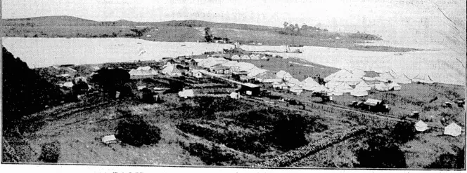Evening Post* Photo. SCENE OF TODAY'S BIG HUI AT WAITANGW general view of the encampment at Waitangi, where the -Treaty, celebrations commence-today. In the right background^ amidst the trees, is the Treaty House,^surrounded by the land which' goes vJiili^ the' Governor-Generals gift to the nation. In the centre of: the picture, to the right of the. road, is the area setassideforthe celebrations: The steam ■: and smoke on the left indicate the position of the'cooking pots'. (Evening Post, 05 February 1934)