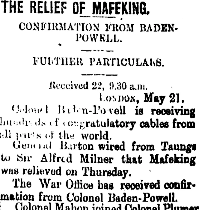 THE RELIEF OF MAFEKING. (Taranaki Daily News 23-5-1900)