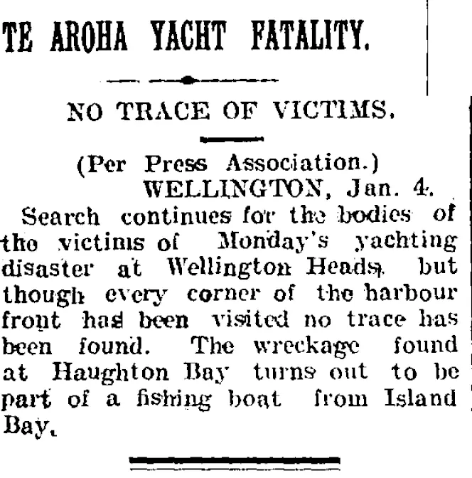 TE AROHA YACHT FATALITY. (Taranaki Daily News 5-1-1905)