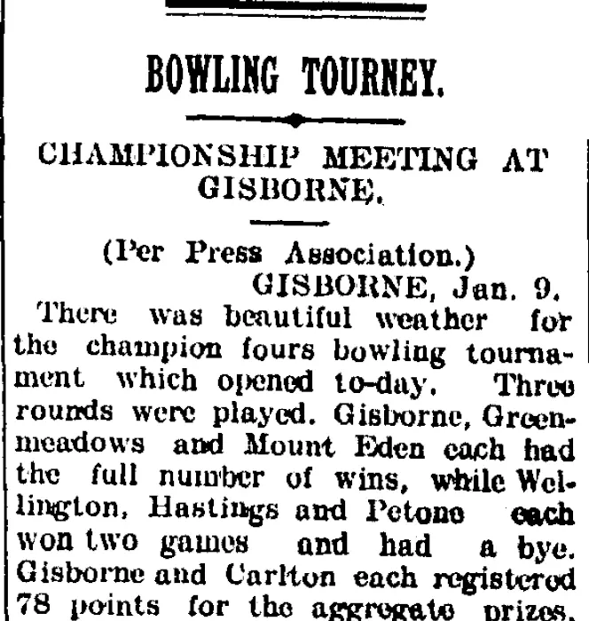 BOWLING TOURNEY. (Taranaki Daily News 10-1-1905)