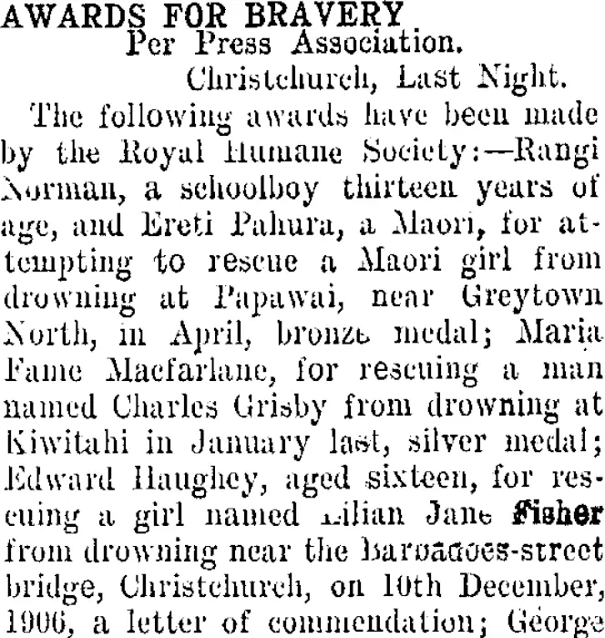 AWARDS FOR BRAVERY (Taranaki Daily News 30-11-1907)