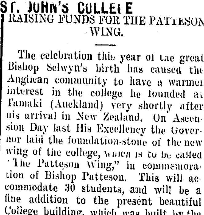 ST, JOHN'S COLLEGE. (Taranaki Daily News 24-6-1909)