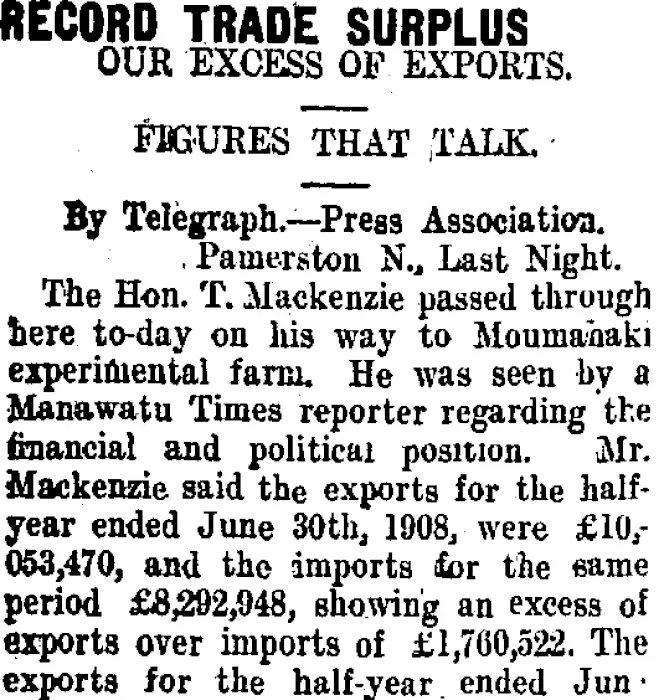 RECORD TRADE SURPLUS (Taranaki Daily News 9-8-1909)