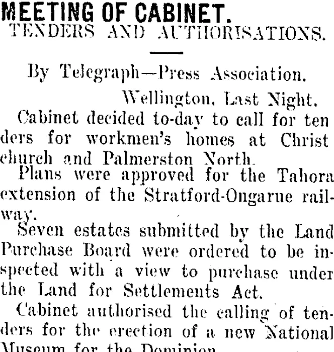 MEETING OF CABINET. (Taranaki Daily News 31-10-1911)