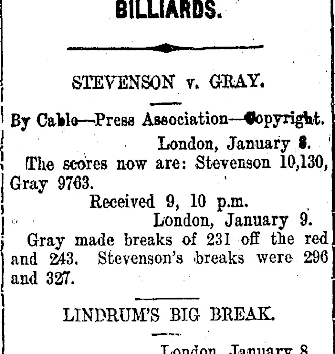 BILLIARDS. (Taranaki Daily News 10-1-1912)