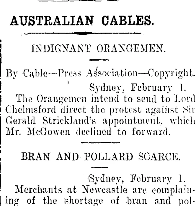 AUSTRALIAN CABLES. (Taranaki Daily News 3-2-1913)