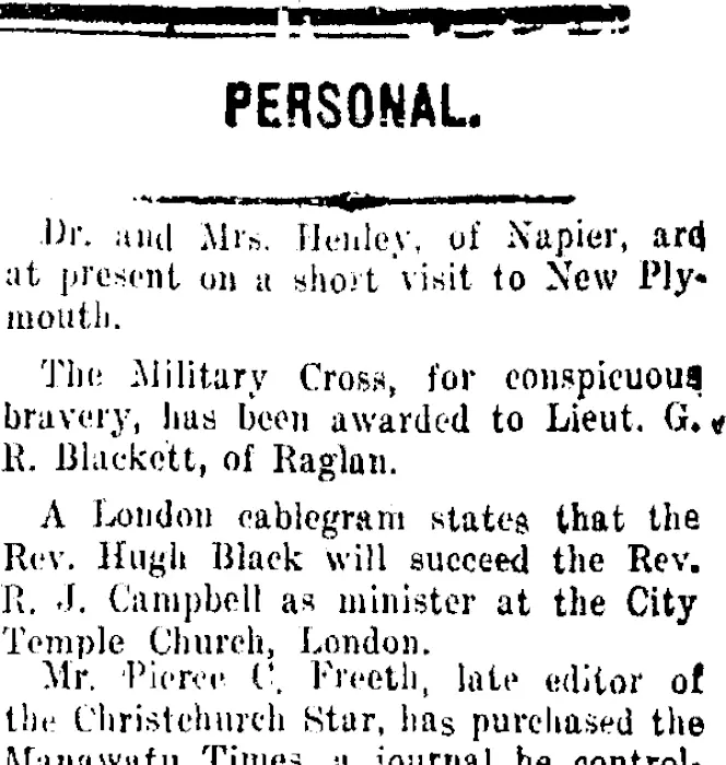 PERSONAL. (Taranaki Daily News 18-11-1915)