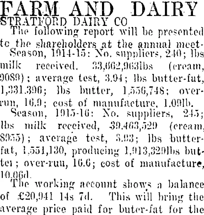 FARM AND DAIRY. (Taranaki Daily News 22-7-1916)