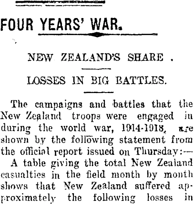FOUR YEARS' WAR. (Taranaki Daily News 15-2-1919)