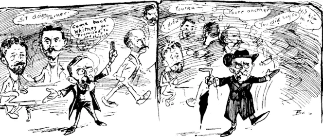 The fun at its height. The truculent Lennox: " Show vie the man ivlio told JPayton that it was silly to attend the meetings."  Victory ! The mollified Lennox: " It's accomplished, gentlemen. We have got tlieir resignations. Fin off Jwvie to sleep tlic sleep of the just. Hope you'll enjoy yourselves." (Observer, 11 October 1902)