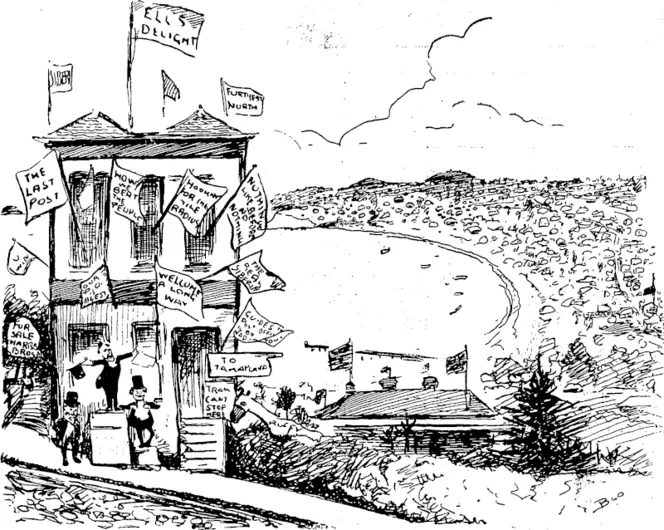 TOPSY-TURVEY TAKAPUNA. Mr Harris, M,P., opens the palatial Post Office at Takapuna before an admiring multitude of joyful citizens, (Takapuna Post Office is not for the people of Takapuna. The people are for the Post Office, so let them walk.) (Observer, 23 May 1914)