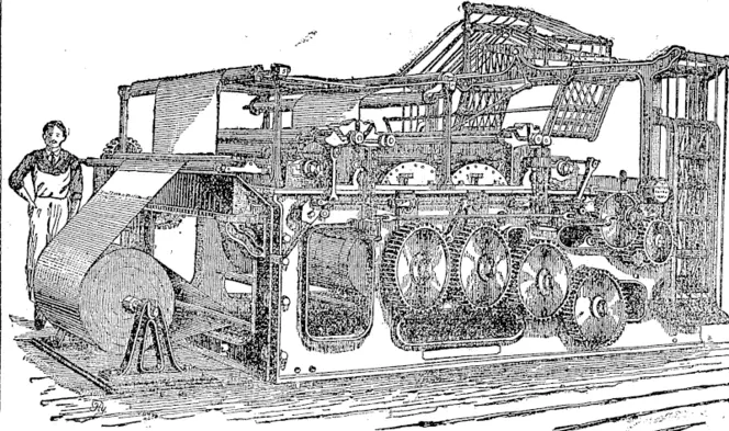 OUR PRINTING MACHINERY.  Some months ago, we gave our readers a description of the new Web Printing Machine which had been brought into use by the Lyttelton Times Company, to secure the more rapid issue of their newspapers. We now present our readers with a woodcut Illustration of the Machine, which proves to be excellent in working. The leading principle, it will be remembered, is that from the pages of type, casts in solid metal are taken, in a curved form. These are arranged upon cylinders, between which the paper passes. The rolls of paper used each contain a length of upwards of four miles. (Star, 06 August 1887)
