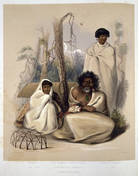 Angas, George French 1822-1886 :E Wai, his wife. Na Horua or Tom Street, (elder brother of Rauparaha). Tuarau or Kopai (his son), at Kahotea near Porirua. / George French Angas [delt]; W. Hawkins [lith]. Plate 19, 1847.