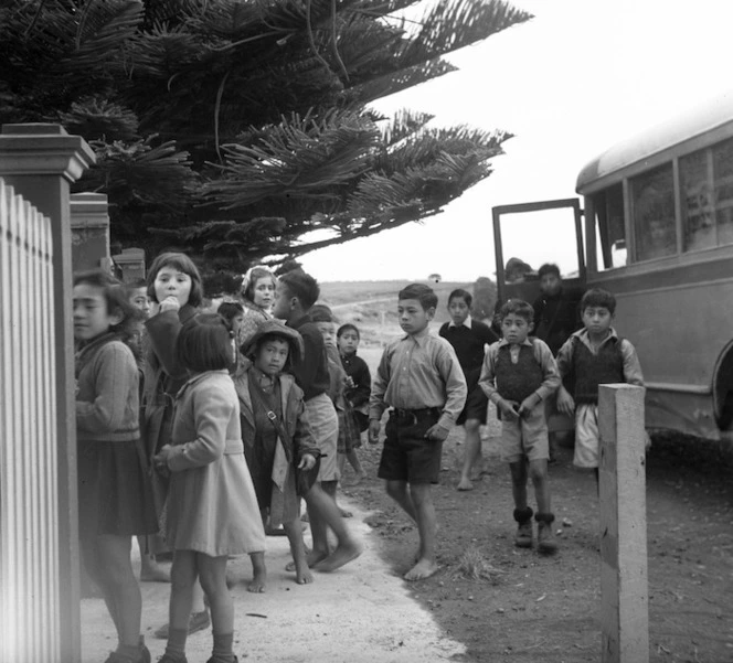 Children arriving at Te Kaha Native School, Bay of Plenty