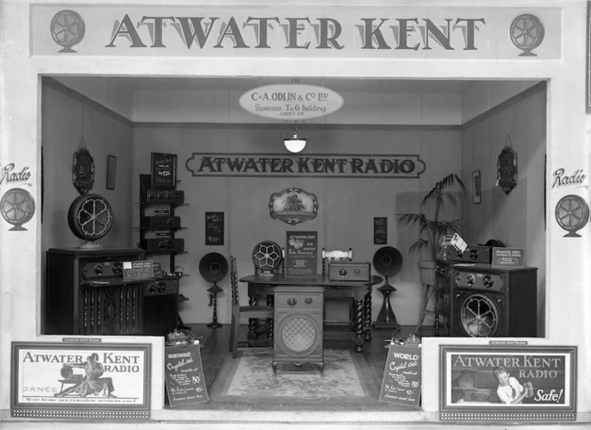 Display of radios at the Odlin's exhibition stand, Winter Show Buildings, Wellington