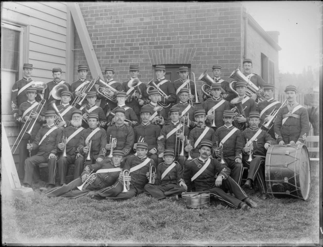 Brass band, members unidentified, possibly Christchurch district