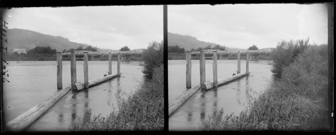 Hutt River at Lower Hutt, including a mooring and railway bridge